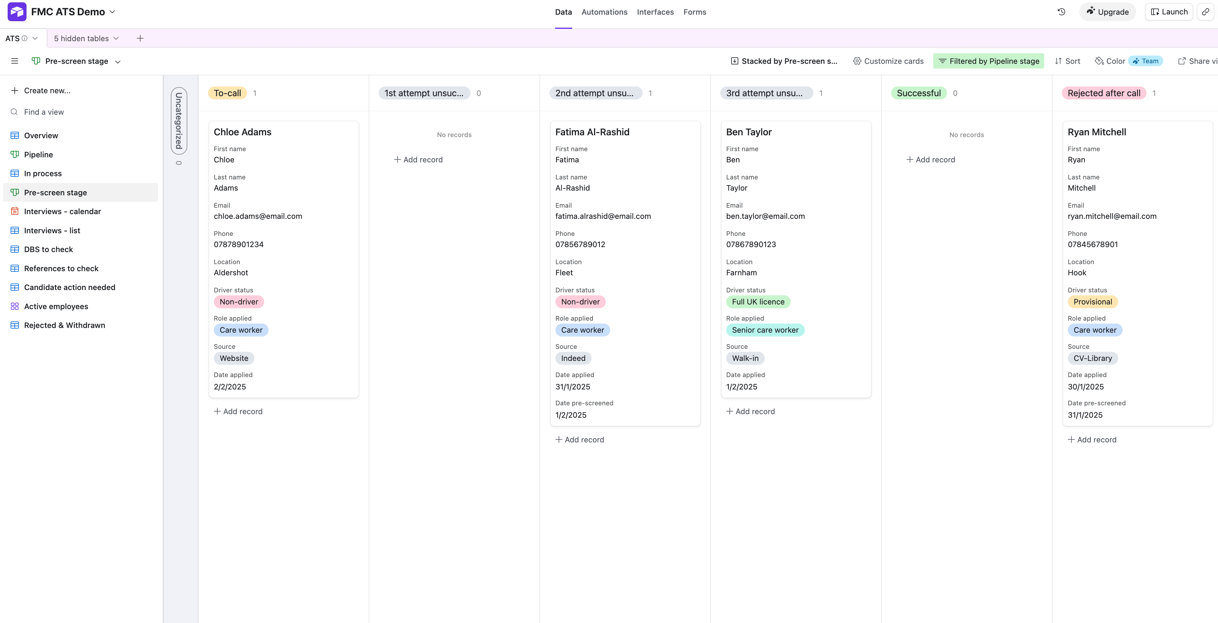 FMC ATS pre-screen stage kanban board showing candidates grouped by call attempt status