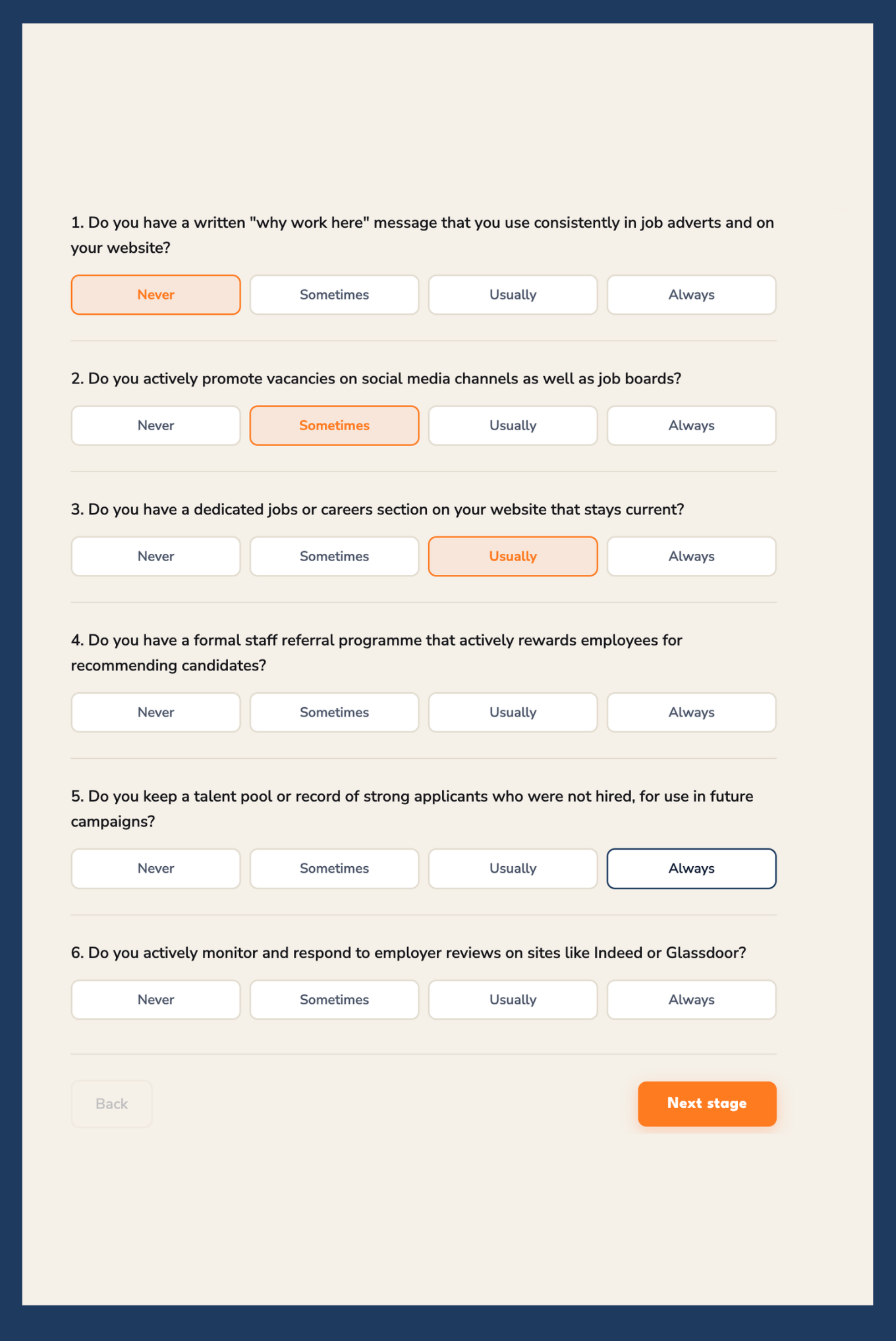 Health Check question screen with six questions, each answered on a scale from never to always, and a button through to the next stage