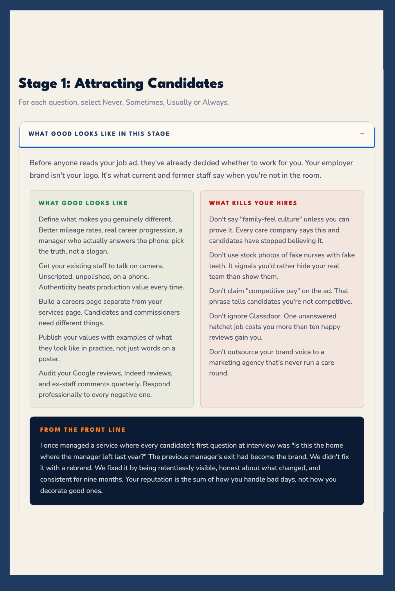 Blueprint stage page for Stage 1, attracting candidates, setting what good looks like against what bad looks like, with a story from the front line below